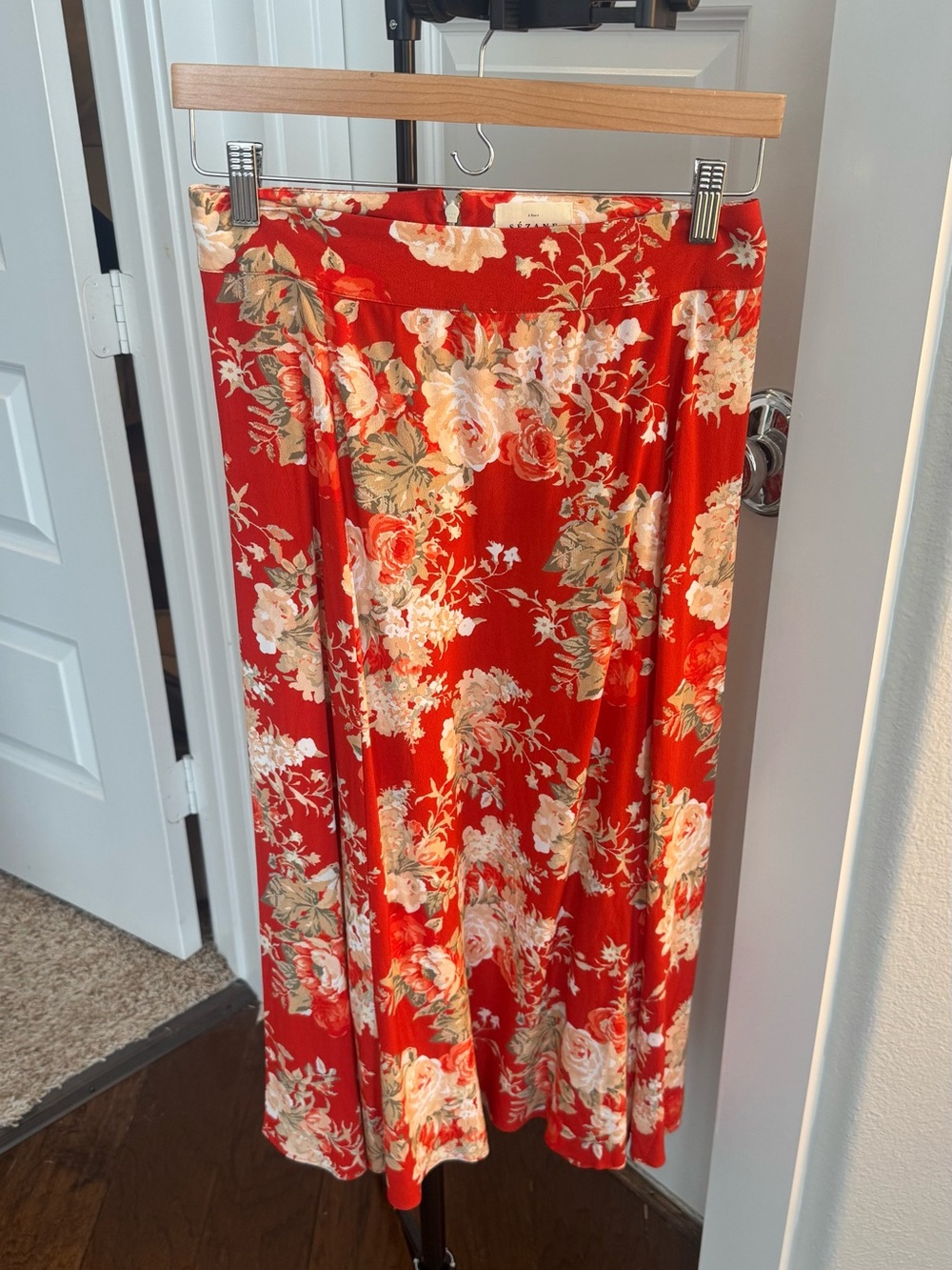 Sezane Red Floral Maxi Skirt with Cream & Green Blooms size 36